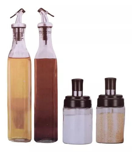 JUEGO DE 2 BOTELLAS CON DISPENSADOR + 2 RECIPIENTES PARA ESPECIAS CON CUCHARA + ENVIO GRATIS