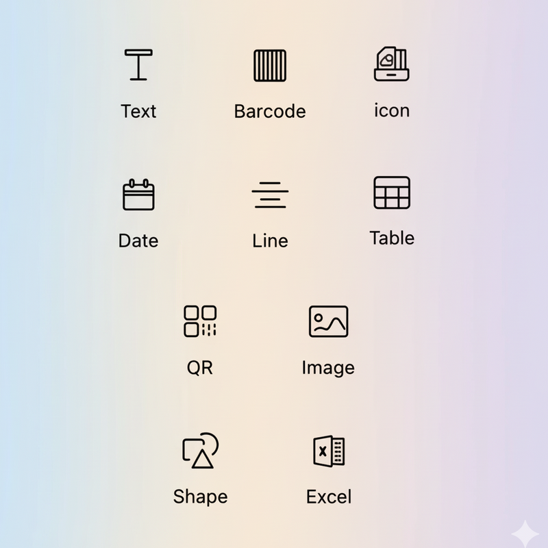 Personaliza tus etiquetas a tu gusto, diseña a tu manera: textos, íconos, QR, precios y más.